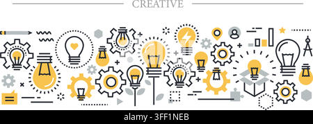 Vector illustration set of creative idea concept featuring glowing lightbulbs, gear mechanisms, think box, drawing tools, and innovation symbols. Stock Vector