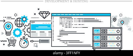 Vector illustration set of development and hosting concept featuring code editor window, server rack, web page layout, diamond, and global network. Stock Vector