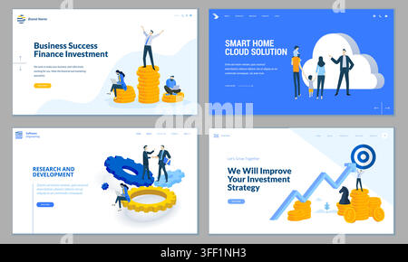 Vector illustration set of business landing pages featuring finance investment, coin stacks, smart home cloud solution, and research development. Stock Vector