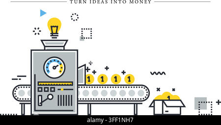 Vector illustration set of turn ideas into money concept featuring lightbulb idea, cash machine, conveyor belt, gold coins, and revenue box. Stock Vector