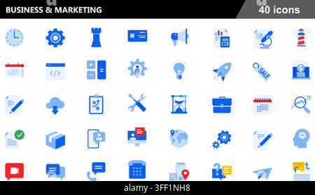 Vector illustration set of 40 business and marketing icons featuring clock, gear, rocket, megaphone, credit card, cloud download, and chat symbols. Stock Vector