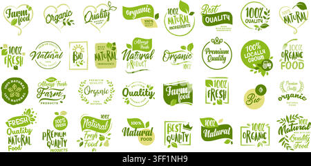 Vector illustration set of organic and natural food typography labels featuring green leaves, eco stamps, bio badges, and farm fresh typography. Stock Vector