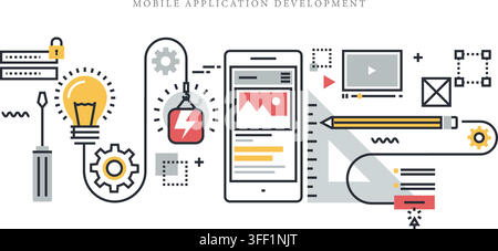 Vector illustration set of mobile application development concept featuring smartphone UI, lightbulb idea, screwdriver tool, and design symbols. Stock Vector