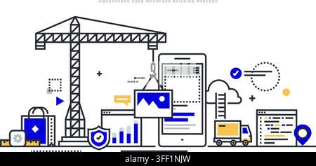 Vector illustration set of smartphone UI building process concept featuring construction crane, mobile layout, coding window, and delivery truck. Stock Vector