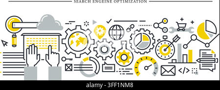 Vector illustration set of search engine optimization concept featuring search bar, laptop hands, gear mechanism, link, target, and speed gauge. Stock Vector