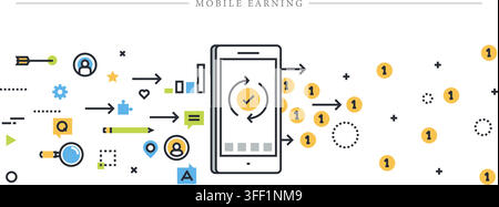 Vector illustration set of mobile earning concept featuring smartphone, gold coins flow, data processing, online banking, and income generation. Stock Vector