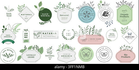 Vector illustration set of organic and natural labels featuring green leaves, botanical frames, bio badges, skin care logos, and eco stamps. Stock Vector