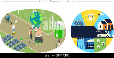 Vector illustration set of clean energy feature concept featuring green lightbulb, solar panels, wind farm, eco battery, and electric vehicle power. Stock Vector