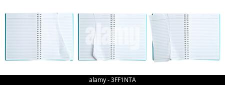 Three views showing the sequence of tearing a page in an open spiral notebook with blue cover, isolated on a clean white background Stock Photo