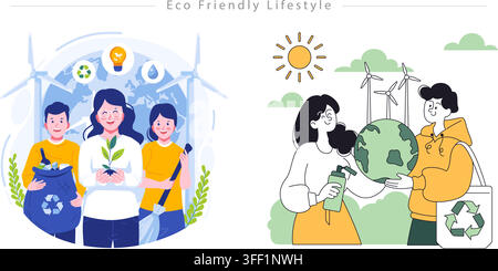 Vector illustration set of eco friendly lifestyle concept featuring volunteers, plant sprout, waste sorting bag, reusable bottle, and earth globe. Stock Vector