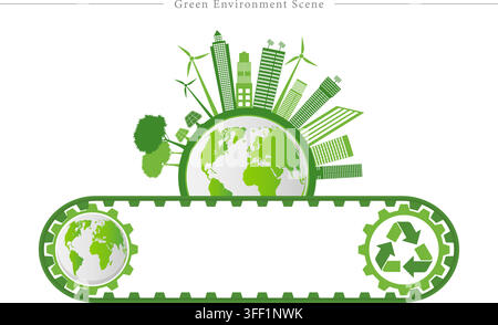Vector illustration set of green environment scene featuring eco globe, city skyscrapers, wind turbines, solar panels, conveyor belt, and recycle Stock Vector