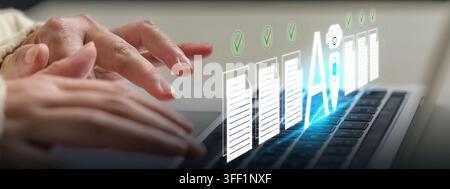 Close-up of hands typing on a laptop, featuring a digital hologram of AI document processing, file management, and automated workflows. Concept of Sma Stock Photo
