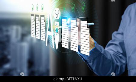 Businessperson using futuristic AI hologram interface for automated document management, data analysis, and compliance checking. Concept of Smart Offi Stock Photo