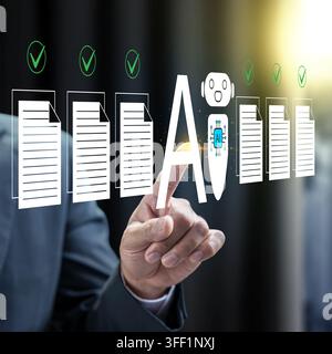 Businessman interacting with a futuristic holographic interface showing AI document processing, verification, and automation. Concept of Smart Office Stock Photo
