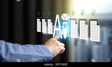 Businessman interacting with a futuristic holographic interface showing AI document processing, verification, and automation. Concept of Smart Office Stock Photo