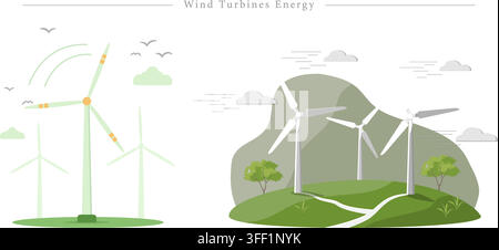 Vector illustration set of wind turbines energy concept featuring green windmills, wind farm landscape, renewable electricity, and eco power Stock Vector