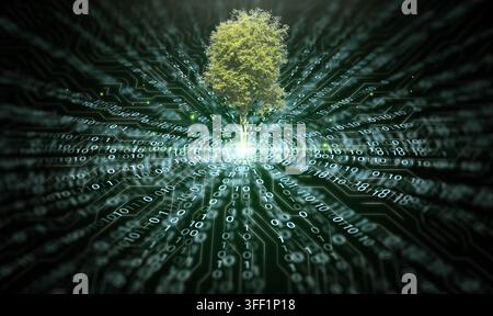 Conceptual digital illustration of tree growing from central high tech circuit board node with binary code streams. Technology growth, sustainable dig Stock Photo
