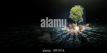 Digital illustration of hand holding tree growing from blue green high tech circuit board with binary data streams on dark copy space. Technology grow Stock Photo