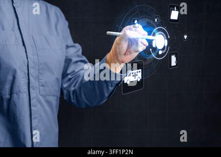 Medical professional interacting with a futuristic digital HUD interface displaying healthcare data and ambulance icons. Telehealth and online medical Stock Photo
