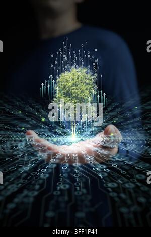 Vertical illustration of man hand with digital tree, upward arrows, and binary code streams emerging from circuit board. Technology growth, sustainabl Stock Photo