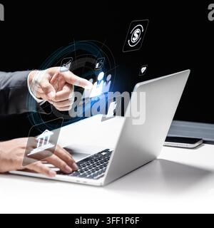 Businessman using a laptop with futuristic holographic icons managing digital employee benefits, healthcare, and company HR planning. Concept of Corpo Stock Photo