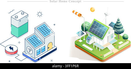 Vector illustration set of solar home concept featuring isometric eco house, solar panel roof, battery storage, wind turbine, and windsock. Stock Vector