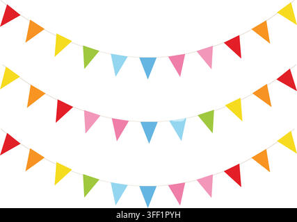 Three rows of colorful triangular bunting flags hanging against a clean white background for festive party decoration Stock Vector