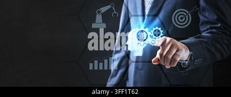 Businessman touching virtual screen with AI, automation, and business data icons. AI Education concept Stock Photo