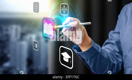 A man hand using a stylus to interact with a futuristic holographic digital interface featuring educational and AI technology icons. E-learning techno Stock Photo