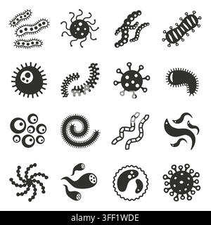Set of vector icons bacteria viruses and microbes. Isolated on the white background Stock Vector