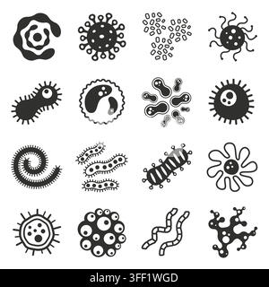 Set of vector icons bacteria viruses and microbes. Isolated on the white background Stock Vector