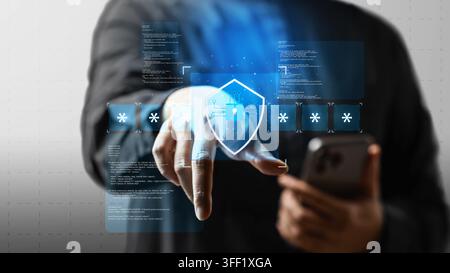 Businessman interacting with a futuristic digital security interface showing a shield and password input on a virtual screen. Concept of multi-factor Stock Photo