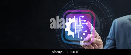 Businness hand touching a glowing digital icon featuring a gear and circuit board design, symbolizing automation, artificial intelligence, and digital Stock Photo