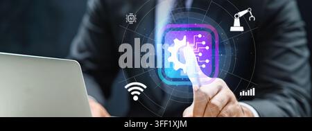 Businessman interacting with a holographic interface showing automation, AI, and robotics icons. Digital transformation concept Stock Photo