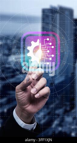 Businness hand touching a glowing digital icon featuring a gear and circuit board design, symbolizing automation, artificial intelligence, and digital Stock Photo