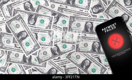 A smartphone displaying a "PAYMENT FAILED" error screen with a red cross icon on a background of scattered US dollar bills. Concept of transaction Stock Photo