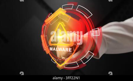 Hand touching a glowing digital interface with a shield icon and the word malware, representing cybersecurity threat detection and virus warning. Cybe Stock Photo