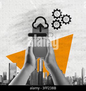 Collage of hands holding a smartphone uploading files to cloud storage, featuring a city skyline, gear icons, and an orange triangle. Concept of cloud Stock Photo