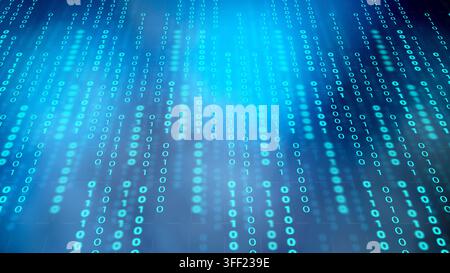 Abstract blue digital background featuring streams of falling binary code representing data transfer, computer science and high-tech network security. Stock Photo