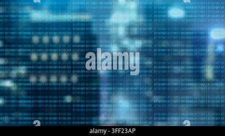 Blue digital background with binary code over a blurred city, representing big data, cybersecurity, and global network tech. Concept of programming or Stock Photo