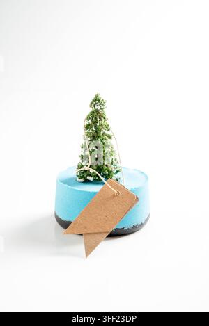 A mini blue Christmas cake topped with a snowy miniature pine tree and brown kraft paper gift tags, isolated on a white background. Mockup or Copyspac Stock Photo