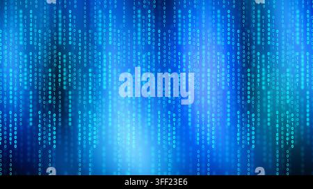 Abstract blue background featuring vertical streams of glowing binary code zeros and ones, representing computer data, programming, and cybersecurity. Stock Photo