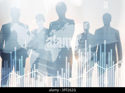 Business team collaboration for corporate strategy and global market analysis with data charts and world map Stock Photo