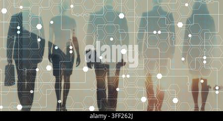 Digital network and connectivity visualization featuring human silhouettes with overlayed binary data and hexagonal patterns for business and technolo Stock Photo
