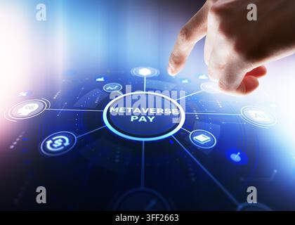 Metaverse Pay system for virtual economy and digital currency transactions with hand interaction Stock Photo