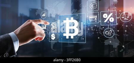 Blockchain technology concept for financial trading and investment with interactive digital interface and user hand Stock Photo