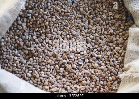 Coffee beans in a burlap sack ready for roasting Stock Photo
