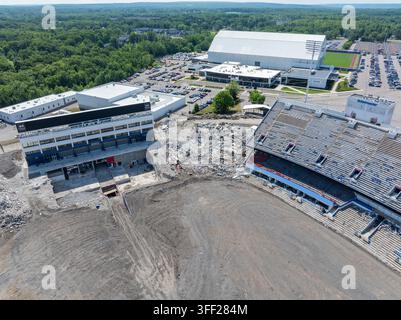 Orchard Park, United States - 19 July 2026: Aerial view of the former Highmark Stadium, showing dismantled seating sections in the east end zone and p Stock Photo