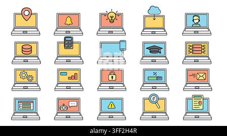 Big set of 20 laptop computer vector icons. Black line art with colorful offset fill style on white background Stock Vector