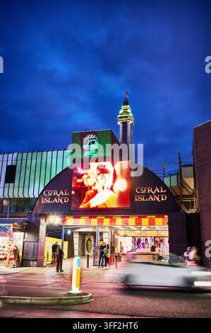 Blackpool tower and Coral Island amusement centre during the annual illuminations,UK Stock Photo